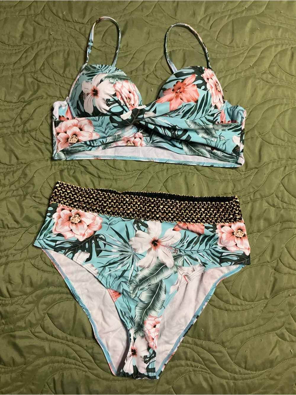 SHEIN Aqua Floral High-Waist Bikini with Pink Blooms
